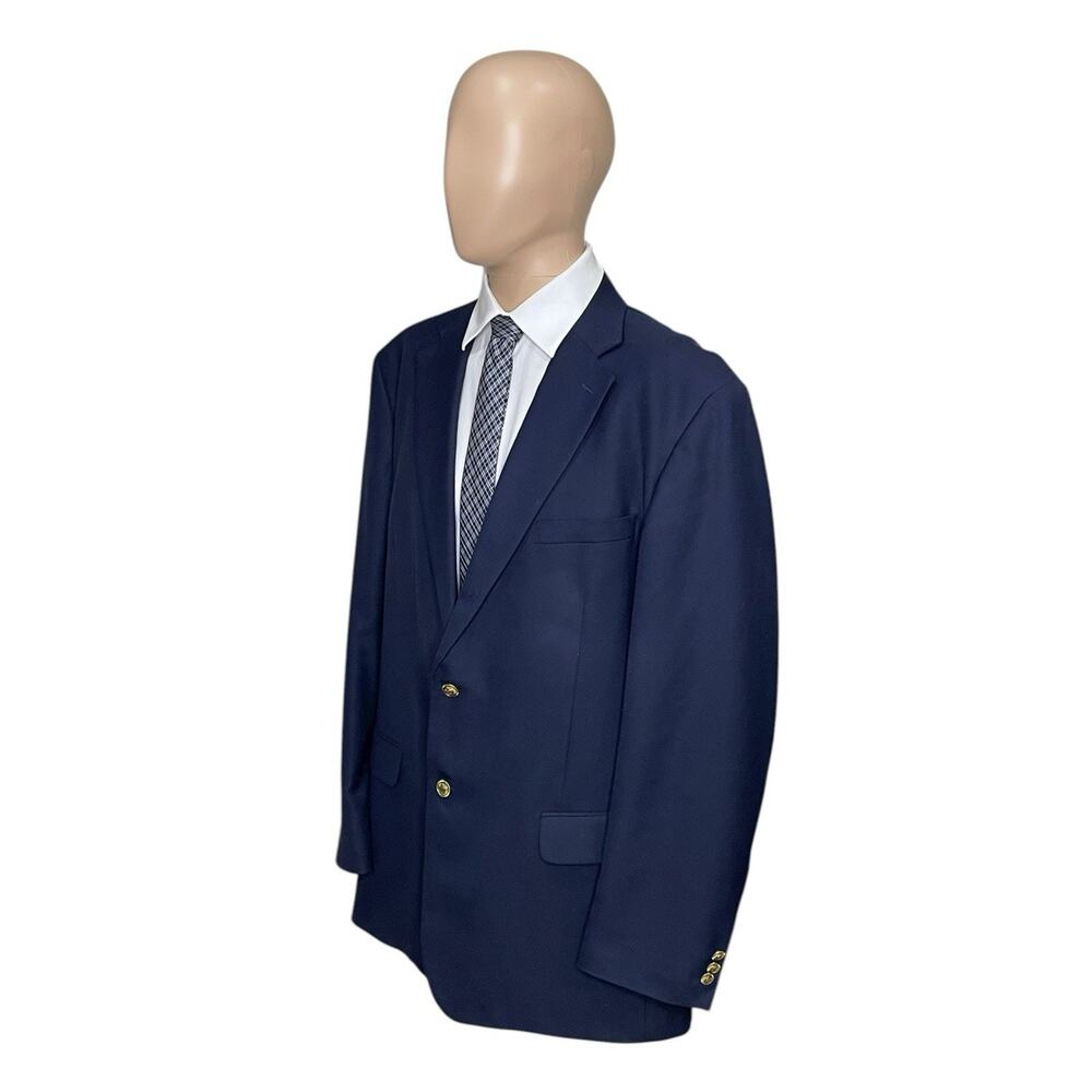 Stafford Men's 46L Navy Blue Gold Buttons 2 Button Blazer Suit Jacket Sport Coat